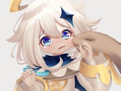 Rule 34 | 1girl, blonde hair, blue cape, blue eyes, blush, cape, cheek pull, commentary request, eyelashes, genshin impact, grey background, hair between eyes, hair ornament, halo, hands up, hane (15188414), highres, long sleeves, looking at viewer, open mouth, paimon (genshin impact), raised eyebrows, simple background, star (symbol), star hair ornament, tearing up