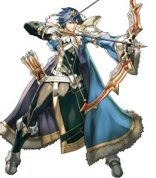 Rule 34 | 1boy, arrow (projectile), belt, blue eyes, blue hair, boots, bow (weapon), chrom (fire emblem), fire emblem, fire emblem awakening, fire emblem heroes, full body, fur trim, gloves, highres, hino shinnosuke, male focus, nintendo, official alternate costume, official art, quiver, solo, teeth, tiara, transparent background, weapon