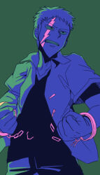 Rule 34 | 1boy, broken handcuffs, buraiden gai, chain, clenched hands, clenched teeth, collared shirt, commentary request, cuffs, fukumoto nobuyuki (style), green background, handcuffs, kudou gai, limited palette, looking afar, looking to the side, male focus, official style, open clothes, open shirt, parody, pointy nose, scar, scar across eye, shirt, short bangs, short hair, short sleeves, simple background, solo, style parody, t k g, teeth, undershirt, upper body, v-shaped eyebrows