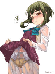 Rule 34 | 1girl, bob cut, bow, bowtie, braid, brown eyes, commentary request, cowboy shot, dress, dress shirt, green hair, grey pantyhose, halterneck, highres, kantai collection, long sleeves, one-hour drawing challenge, panties, pantyhose, purple dress, school uniform, see-through, shirt, short hair, short hair with long locks, sidelocks, simple background, solo, takanami (kancolle), takase muh, underwear, wet, wet clothes, white background, white shirt, yellow panties