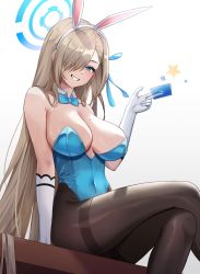 Rule 34 | 1girl, absurdres, animal ears, arm at side, asuna (blue archive), asuna (bunny) (blue archive), bare shoulders, black pantyhose, blonde hair, blue archive, blue bow, blue bowtie, blue leotard, blue ribbon, bow, bowtie, breasts, brown hair, card, cleavage, clenched teeth, collarbone, commentary, covered navel, crossed legs, detached collar, fake animal ears, gloves, grin, hair over one eye, hair ribbon, halo, highleg, highleg leotard, highres, holding, holding card, large breasts, leotard, long hair, looking at viewer, mole, mole on breast, naze236, official alternate costume, pantyhose, parted bangs, playboy bunny, ribbon, shadow, simple background, sitting, smile, solo, star (symbol), strapless, strapless leotard, teeth, white background, white gloves