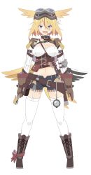 Rule 34 | 1girl, :d, absurdres, bad id, bad twitter id, bag, black shorts, blonde hair, boots, breasts, brown footwear, brown gloves, cleavage, copyright request, donguri suzume, elbow pads, full body, garter straps, gloves, goggles, goggles on head, hair between eyes, head wings, headphones, highres, holding, holding wrench, indie virtual youtuber, large breasts, legs apart, looking at viewer, low wings, micro shorts, microphone, mole, mole on breast, mole on thigh, multicolored hair, navel, open mouth, pigeon-toed, pouch, purple eyes, short hair, shorts, shoulder bag, simple background, smile, solo, standing, streaked hair, tail, thighhighs, underbust, virtual youtuber, white background, wings, work gloves, wrench