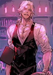 Rule 34 | 1boy, black vest, chair, collarbone, collared shirt, commentary request, cowboy shot, dante (devil may cry), devil may cry (series), devil may cry 5, dress shirt, facial hair, grey eyes, grin, highres, indoors, light, looking at viewer, male focus, ogata tomio, partially unbuttoned, pectorals, shirt, short hair, sketch, sleeves rolled up, smile, solo, standing, stubble, vest, white hair, white shirt