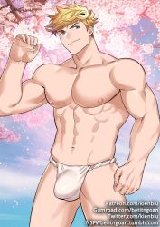 Rule 34 | 1boy, abs, alternate costume, bara, blonde hair, bulge, cherry blossoms, cowboy shot, fundoshi, gluteal fold, granblue fantasy, green eyes, gumroad username, japanese clothes, kienbiu, large pectorals, male focus, male underwear, muscular, navel, nipples, paid reward available, patreon username, pectorals, short hair, solo, spread legs, thick thighs, thighs, twitter username, underwear, underwear only, vane (granblue fantasy), white male underwear