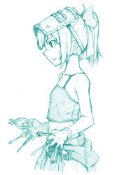 Rule 34 | 10s, 1girl, akakage red, aqua theme, bare shoulders, between fingers, bow, boxcutter, clothes around waist, cowboy shot, dirty, from side, gloves, hair bow, holding, kantai collection, mask, mask on head, midriff, monochrome, open mouth, pliers, ponytail, screwdriver, shirt, simple background, sleeveless, sleeveless shirt, solo, tank top, tools, traditional media, welding mask, white background, wrench, yuubari (kancolle)