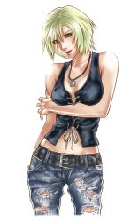 Rule 34 | 1girl, aya brea, blonde hair, blue eyes, breasts, cleavage, highres, jewelry, necklace, open clothes, parasite eve, parasite eve the 3rd birthday, simple background, smile, solo, standing, stomach, the 3rd birthday, torn clothes, white background