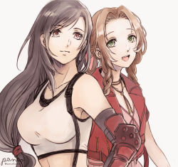 Rule 34 | 2girls, :d, aerith gainsborough, ancotsubu, artist name, black bra, bra, breasts, brown hair, closed mouth, collarbone, crop top, earrings, elbow pads, final fantasy, final fantasy vii, final fantasy vii remake, green eyes, jacket, jewelry, large breasts, long hair, looking at viewer, looking away, low-tied long hair, multiple girls, open mouth, parted hair, red eyes, red jacket, shirt, smile, sports bra, square enix, suspenders, swept bangs, teeth, tifa lockhart, twitter username, underwear, upper body, upper teeth only, white shirt