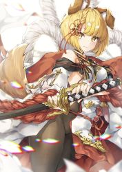 Rule 34 | 1girl, absurdres, animal ears, braid, dog ears, dog girl, dog tail, erune, granblue fantasy, highres, holding, holding sword, holding weapon, hyouta (yoneya), japanese clothes, katana, looking at viewer, pantyhose, pelvic curtain, rope, scabbard, sheath, sheathed, shimenawa, sideless outfit, solo, sword, tail, vajra (granblue fantasy), weapon
