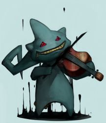 Rule 34 | banette, blue background, creatures (company), full body, game freak, gen 3 pokemon, grin, head tilt, holding, holding instrument, instrument, masint, music, nintendo, no humans, playing instrument, pokemon, pokemon (creature), red eyes, simple background, smile, solo, standing