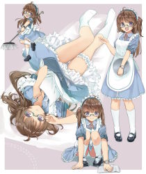 Rule 34 | 1girl, ahoge, alternate costume, amemiya sekira, apron, black footwear, blue dress, blue eyes, blush, breasts, brown hair, collared dress, commentary request, dotted line, dress, enmaided, frilled apron, frilled dress, frills, glasses, green-framed eyewear, highres, holding, holding tray, long hair, lying, maid, maid apron, maid headdress, mop, multiple views, neck ribbon, no shoes, on back, original, panties, rag, red ribbon, ribbon, sekira ame, semi-rimless eyewear, shoe soles, shoes, short sleeves, small breasts, socks, squatting, standing, standing on one leg, tray, two side up, under-rim eyewear, underwear, very long hair, watch, white apron, white legwear, white panties, wristwatch