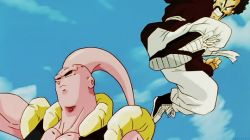 Rule 34 | 2boys, afro, animated, animated gif, black sclera, blue eyes, blue sky, cloud, colored sclera, colored skin, dougi, dragon ball, dragonball z, eyebrows, facial hair, kicking, majin buu, male focus, monster, mr. satan, multiple boys, mustache, neck, pink skin, red eyes, sky, thick eyebrows, violence