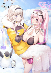 Rule 34 | 2girls, animal, bird, black hairband, blue archive, breasts, cleavage, eimi (blue archive), eimi (swimsuit) (blue archive), goggles, goggles on head, hairband, halo, himari (blue archive), large breasts, long hair, long sleeves, mashiro aa, multiple girls, official alternate costume, parted lips, penguin, pink hair, pink halo, pointy ears, ponytail, purple eyes, scarf, shovel, striped clothes, striped hairband, very long hair, white hair, white scarf, yellow scarf