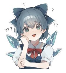 Rule 34 | 1girl, ?, blue bow, blue dress, blue eyes, blue hair, bow, bowtie, cirno, dress, hair bow, higa (gominami), highres, ice, ice wings, large bow, red bow, red bowtie, shirt, smile, solo, touhou, white background, white shirt, wings