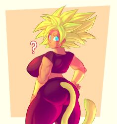 Rule 34 | 1girl, ?, absurdres, artist request, ass, blonde hair, blue eyes, bracelet, breasts, dragon ball, dragon ball super, earrings, hand on own hip, highres, jewelry, kefla (dragon ball), large breasts, looking back, potara earrings, serious, spiked hair, tail, yellow background