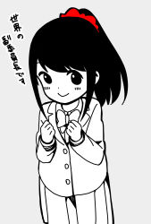 Rule 34 | 1girl, alternate hairstyle, blazer, blush, bow, bowtie, clenched hands, closed mouth, collared shirt, commentary request, cosplay, dot nose, grey background, greyscale, hair ornament, hair scrunchie, hands up, happy, highres, hitori bocchi, hitoribocchi no marumaru seikatsu, honshou aru, honshou aru (cosplay), jacket, katsuwo (cr66g), long hair, long sleeves, looking at viewer, monochrome, ponytail, red scrunchie, school uniform, scrunchie, shirt, simple background, smile, solo, spot color, standing