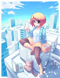 Rule 34 | 1girl, bag, black eyes, black pantyhose, blue cardigan, blue sky, boots, box, breasts, brown footwear, brown hair, brown skirt, cardboard box, cardigan, collarbone, computer, day, fizintine, glasses, handbag, heart, highres, laptop, long sleeves, looking at viewer, luna (fizintine), original, outdoors, pantyhose, paper airplane, parted lips, pleated skirt, rectangular eyewear, shirt, short hair, sitting, skirt, sky, small breasts, solo, swept bangs, white shirt