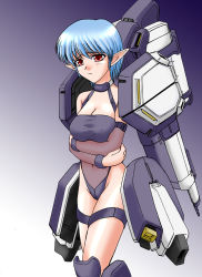 Rule 34 | 1girl, bare shoulders, blue hair, breasts, choker, cleavage, detached sleeves, embarrassed, guardian (thunder force), large breasts, mecha musume, mochizuki kazuto, navel, personification, pointy ears, red eyes, see-through, short hair, solo, thigh strap, thunder force, thunder force v