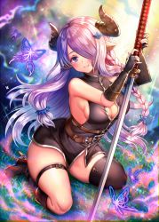 Rule 34 | 10s, 1girl, black gloves, black thighhighs, blue eyes, blush, braid, breasts, bug, butterfly, draph, elbow gloves, fingerless gloves, gloves, granblue fantasy, hair ornament, hair over one eye, hairclip, horns, insect, katana, kneeling, large breasts, light purple hair, long hair, looking at viewer, low tied hair, narmaya (granblue fantasy), nishizawa, pointy ears, single braid, single thighhigh, sleeveless, smile, solo, sword, thigh strap, thighhighs, thighs, weapon