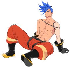 Rule 34 | 1boy, abs, asymmetrical hair, bara, black footwear, black gloves, blue eyes, blue hair, boots, closed mouth, collarbone, duruko, firefighter, galo thymos, gloves, looking at viewer, male focus, mohawk, on floor, pants, pectorals, promare, red pants, short hair, sidecut, sitting, smile, solo, spiked hair, spread legs, tan, tanline, toned, toned male, topless male, undercut, white background