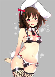Rule 34 | 1girl, :d, animal ears, arms behind back, bare shoulders, bikini, black bikini, black necktie, black thighhighs, blush, bow, breasts, breasts apart, brown hair, cowboy shot, detached collar, ear ribbon, fang, fishnet thighhighs, fishnets, grey background, groin, heart, inaba tewi, ippongui, looking at viewer, medium breasts, motion lines, navel, necktie, nose blush, open mouth, pink eyes, rabbit ears, rabbit girl, rabbit tail, red ribbon, ribbon, shiny skin, short hair, simple background, small breasts, smile, solo, speech bubble, spoken heart, standing, steaming body, stomach, sweat, swimsuit, tail, thighhighs, touhou