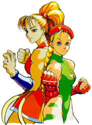 Rule 34 | 1990s (style), 2girls, back-to-back, blonde hair, cammy white, capcom, clenched hands, fighting stance, final fight, fingerless gloves, genryuusai maki, gloves, japanese clothes, leotard, lowres, multiple girls, official art, ponytail, retro artstyle, scar, simple background, street fighter, street fighter ii (series), street fighter iv (series), thong leotard, vambraces, white background