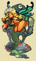 Rule 34 | 1girl, animal, aqua wings, blonde hair, blue wings, bow (weapon), butterfly wings, crescent moon, crossbow, eyebrows hidden by hair, eyes visible through hair, fairy, fingernails, flower, flower wreath, frog, grass, head wreath, highres, holding, holding crossbow, holding weapon, ingway (odin sphere), insect wings, long hair, mercedes (odin sphere), moon, multicolored wings, mushroom, nichi (hibi suimin), odin sphere, open mouth, parted bangs, pointy ears, red eyes, shoes, star (sky), teeth, twintails, water, waterfall, weapon, white flower, white footwear, wings
