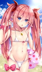 Rule 34 | 1boy, beach, blue eyes, bulge, crossdressing, heart, heart-shaped pupils, highres, magical manana, ocean, original, pink hair, pointy ears, swimsuit, symbol-shaped pupils, trap, twintails