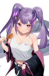 Rule 34 | 1girl, absurdres, arknights, bare shoulders, black jacket, blue nails, blush, breasts, cleavage, commentary request, eyelashes, food, from above, hair ornament, hairclip, head wings, highres, holding, holding food, holding popsicle, jacket, long hair, long sleeves, looking at viewer, manticore (arknights), medium breasts, navel, nuage, pointy ears, popsicle, purple eyes, purple hair, shiny skin, shorts, simple background, solo, standing, tank top, twintails, white background, white tank top, wings