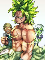 Rule 34 | 1girl, 2boys, :o, abs, alien, arm at side, armor, broly (dragon ball super), cheelai, clenched hand, close-up, dragon ball, dragon ball super, dragon ball super broly, fingernails, frown, gloves, green hair, grey background, hands on own cheeks, hands on own face, hat, kemachiku, legendary super saiyan, lemo (dragon ball), looking at viewer, multiple boys, muscular, nervous, orange eyes, purple eyes, scar, scar on chest, serious, topless male, short hair, simple background, spiked hair, standing, super saiyan, sweatdrop, upper body, white gloves, white hair, yellow eyes