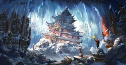 Rule 34 | 1boy, 3doss, architecture, backpack, bag, column, east asian architecture, from behind, frozen, highres, holding, ice, male focus, original, pagoda, pillar, ruins, scenery, sketch, solo, standing, torch, underground, very wide shot