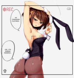 Rule 34 | 1girl, animal ears, armpits, ass, blush, breasts, brown eyes, brown hair, brown pantyhose, fake animal ears, hard-translated, haruhisky, leotard, nipples, open mouth, pantyhose, playboy bunny, rabbit ears, rabbit tail, recording, shiny clothes, solo, suzumiya haruhi, suzumiya haruhi no yuuutsu, sweat, tail, third-party edit, translated