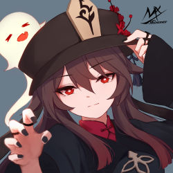 Rule 34 | 1girl, arm up, artist name, black hat, black jacket, black nails, brown hair, closed mouth, flower, flower-shaped pupils, genshin impact, ghost, grey background, hair between eyes, hand on headwear, hand up, hat, hat flower, highres, hu tao (genshin impact), jacket, long hair, long sleeves, nail polish, red eyes, red flower, red shirt, shimmer, shirt, signature, simple background, sleeves past wrists, smile, solo, symbol-shaped pupils, upper body, wide sleeves