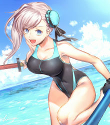 Rule 34 | 1girl, asymmetrical hair, black one-piece swimsuit, blue eyes, blue sky, breasts, bun cover, cleavage, cloud, competition swimsuit, day, dutch angle, fate/grand order, fate (series), highres, hiiragi (karashriker), large breasts, miyamoto musashi (fate), miyamoto musashi (fate/grand order), miyamoto musashi (swimsuit berserker) (fate), miyamoto musashi (swimsuit berserker) (first ascension) (fate), one-piece swimsuit, open mouth, pink hair, sky, solo, swimsuit