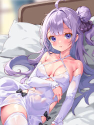 Rule 34 | 1girl, absurdres, ahoge, azur lane, bare shoulders, bed sheet, black ribbon, blunt bangs, blush, breasts, covered erect nipples, covered navel, criss-cross halter, detached sleeves, dress, hair bun, halterneck, highres, iwato (celler), long hair, looking at viewer, lying, medium breasts, on back, on bed, parted lips, pillow, purple eyes, purple hair, ribbon, see-through, see-through dress, solo, unicorn (azur lane), white dress, white sleeves