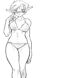 Rule 34 | 1girl, bikini, breasts, breath of fire, breath of fire v, dr.p, female focus, glasses, goggles, greyscale, large breasts, monochrome, pointy ears, short hair, solo, sunglasses, swimsuit, white background, zeno 1/128