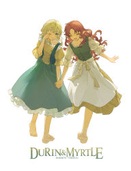 Rule 34 | 2girls, :d, absurdres, ahoge, alternate costume, arknights, barefoot, blonde hair, blue eyes, blue skirt, blush, bow, buttons, character name, collarbone, commentary, dress, durin (arknights), closed eyes, frilled dress, frilled skirt, frills, full body, green vest, hand up, highres, holding hands, lmay, long hair, medium hair, multiple girls, myrtle (arknights), one eye closed, open mouth, pointy ears, puffy short sleeves, puffy sleeves, red hair, rubbing eyes, shirt, short sleeves, single tear, skirt, smile, the lord of the rings, toenails, tolkien&#039;s legendarium, tolkien's legendarium, vest, waist bow, white bow, white shirt, white skirt, yellow shirt
