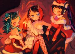 Rule 34 | 3girls, nanashi inc., alternate costume, black hair, blue eyes, blue hair, blush, breasts, candle, chain, closed mouth, commentary request, crossed legs, demon girl, demon horns, demon tail, dress, ear chain, ear piercing, feet out of frame, fishnet legwear, fishnets, hat, highres, holding, holding candle, horns, kojo anna, large breasts, long hair, long sleeves, looking at viewer, multicolored hair, multiple girls, off-shoulder dress, off shoulder, one eye closed, piercing, pointy ears, purple hair, red dress, red eyes, red hair, ryugasaki rene, santa costume, santa hat, shio midori, shishio chris, short hair, smile, sugar lyric, tail, tongue, tongue out, twintails, two-tone hair, virtual youtuber