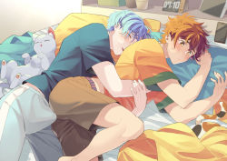 Rule 34 | 2boys, bed, blue hair, blue shirt, brown pants, brown shorts, bulge, cat, cellphone, clock, closed eyes, closed mouth, digital clock, erection, erection under clothes, hasegawa langa, highres, kyan reki, male focus, male underwear, multiple boys, open mouth, orange eyes, orange hair, orange shirt, pants, penis, phone, pillow, shirt, short hair, short sleeves, shorts, sk8 the infinity, sleeping, smartphone, spooning, t-shirt, testicles, underwear, uppi, yaoi