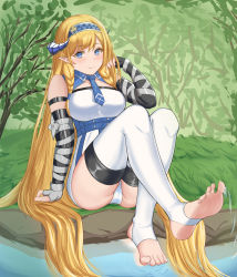 Rule 34 | 1girl, absurdres, alinlinlinglin, arknights, arm strap, arm support, barefoot, black gloves, blonde hair, blue eyes, blue hairband, blue necktie, blush, breasts, chinese commentary, commentary request, elbow gloves, feet, foot focus, gloves, grass, hairband, hand up, heel-less legwear, highres, horns, knees up, lactation, large breasts, long hair, looking at viewer, necktie, outdoors, panties, pointy ears, saileach (arknights), shirt, sitting, smile, soles, solo, stirrup legwear, thighhighs, thighs, toeless legwear, toes, underwear, very long hair, water, white panties, white shirt, white thighhighs