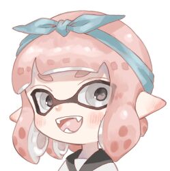 Rule 34 | 1girl, :d, bandana, blue bandana, blush, commentary, ear blush, eyes visible through hair, fangs, grey eyes, highres, inkling, inkling girl, inkling player character, nintendo, open mouth, pink hair, plum0o0, pointy ears, portrait, short hair, simple background, smile, solo, splatoon (series), suction cups, symbol-only commentary, teeth, tentacle hair, white background
