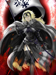Rule 34 | ahoge, armor, armored dress, black dress, breasts, cape, chain, commentary request, dress, fate/grand order, fate (series), flag, fur-trimmed cape, fur collar, fur trim, gauntlets, headpiece, highres, jeanne d&#039;arc (fate), jeanne d&#039;arc alter (avenger) (fate), jeanne d&#039;arc alter (fate), pale skin, short hair, silver hair, sword, takusan-kita, thighhighs, tsurime, weapon, yellow eyes
