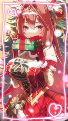 Rule 34 | 1girl, blush, bow, brooch, brown hair, candy, candy cane, christmas, christmas ornaments, christmas tree, clothing cutout, commentary request, daiwa scarlet (scarlet nuit etoile) (umamusume), daiwa scarlet (umamusume), dress, ear ornament, food, gift, gloves, green bow, hair intakes, half updo, highres, holding, holding gift, holly, horse girl, jewelry, long hair, looking at viewer, necklace, official alternate costume, open mouth, partial commentary, plaid, plaid dress, purple eyes, red dress, red gloves, santa dress, short sleeves, shoulder cutout, solo, star (symbol), star ornament, star print, tiara, umamusume, umeumeduka