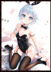 Rule 34 | 1girl, ace (playing card), ace of clubs, ace of hearts, animal ears, arm strap, armpit crease, bare shoulders, black footwear, black hairband, black leotard, blue eyes, bow, bowtie, breasts, brown thighhighs, card, clothing cutout, club (shape), covered navel, detached collar, fake animal ears, garter straps, groin, hairband, heart, high heels, highres, holding, jack (playing card), jack of diamonds, king (playing card), king of spades, kyaroru, latex, leotard, looking at viewer, original, parted lips, playing card, queen (playing card), queen of hearts (playing card), rabbit ears, short hair, sitting, small breasts, solo, strapless, strapless leotard, thighhighs, thighs, underboob cutout, wariza, white hair, wrist cuffs