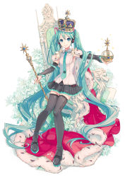 Rule 34 | aqua eyes, aqua hair, aqua nails, aqua necktie, black legwear, black skirt, black sleeves, boots, cape, commentary, crown, detached sleeves, flower, full body, fur-trimmed cape, fur trim, hair ornament, hatsune miku, hatsune miku (vocaloid4), headphones, headset, highres, holding, holding scepter, ixima, long hair, looking at viewer, miniskirt, nail polish, necktie, orb, outstretched arm, pleated skirt, red cape, scepter, shirt, skindentation, skirt, sleeveless, sleeveless shirt, smile, star (symbol), thigh boots, thighhighs, throne, translucent, twintails, v4x, very long hair, vocaloid, white shirt, zettai ryouiki