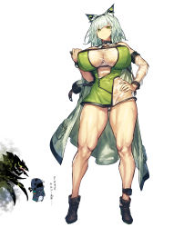Rule 34 | 1girl, 1other, alternate breast size, animal ear fluff, animal ears, arknights, bare legs, bare shoulders, breasts, brown footwear, cat ears, chibi, chibi inset, closed mouth, commentary request, covered erect nipples, detached sleeves, diagonal bangs, doctor (arknights), dress, full body, green dress, green eyes, green hair, green jacket, halter dress, halterneck, hand on own hip, highres, huge breasts, jacket, kal&#039;tsit (arknights), legs apart, looking at viewer, medium hair, melon22, mon3tr (arknights), muscular, muscular female, open clothes, open jacket, pocket, see-through, shiny clothes, shiny skin, short dress, simple background, solo focus, standing, taut clothes, taut dress, translation request, white background