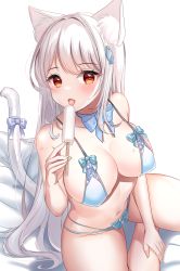 Rule 34 | 1girl, animal ear fluff, animal ears, bare shoulders, bikini, blue bikini, blue choker, bow, bow bikini, bow choker, breasts, cat ears, cat girl, cat tail, choker, cleavage, covered erect nipples, food, hair ornament, hairclip, hand up, highres, holding, katsushika pachi, large breasts, licking, long hair, looking at viewer, multi-strapped bikini, navel, open mouth, original, popsicle, red eyes, sitting, solo, stomach, string bikini, swimsuit, tail, tail bow, tail ornament, thighs, tongue, tongue out, very long hair, wet, white hair