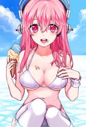 Rule 34 | 1girl, bad id, bad pixiv id, bikini, blush, breasts, cleavage, food, headphones, hum (fpswp777), ice cream, ice cream cone, large breasts, long hair, looking at viewer, nitroplus, open mouth, partially submerged, pink eyes, pink hair, solo, strap gap, super sonico, swimsuit, thighhighs, water, white bikini, white thighhighs, wrist cuffs