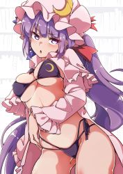 Rule 34 | 1girl, absurdres, blunt bangs, blush, bra, breasts, capelet, commentary request, cowboy shot, crescent, crescent hat ornament, crescent print, frilled sleeves, frills, gokuu (acoloredpencil), hat, hat ornament, highres, library, long hair, long sleeves, looking at viewer, medium breasts, mob cap, open clothes, open mouth, panties, patchouli knowledge, pink capelet, pink eyes, pink hat, purple bra, purple panties, sidelocks, simple background, solo, standing, stomach, thighs, touhou, underwear, upper body, white background