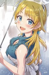 Rule 34 | 1girl, :d, ahoge, arm at side, ayano yuu (sonma 1426), bad id, bad twitter id, bare arms, bare shoulders, blonde hair, blue eyes, blue shirt, blush, bracelet, breasts, brown shorts, buttons, collared shirt, commentary request, cowboy shot, dated, from above, hachimiya meguru, hair flaps, hair ornament, hairclip, hand up, highres, holding, holding umbrella, idolmaster, idolmaster shiny colors, jewelry, long hair, looking at viewer, looking to the side, low twintails, medium breasts, necklace, open mouth, outdoors, pendant, puddle, rain, shirt, shorts, signature, sleeveless, sleeveless shirt, smile, solo, standing, star (symbol), star hair ornament, transparent, transparent umbrella, twintails, umbrella, water drop, wet, wet hair, white background, white shirt
