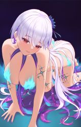 Rule 34 | 1girl, all fours, ass, bare shoulders, blue fire, blue hair, blush, body markings, bracelet, breasts, eeyoosekedooaat, fate/grand order, fate (series), fire, flower, hair flower, hair ornament, hair ribbon, head tilt, highres, jewelry, kama (fate), kama (swimsuit avenger) (fate), large breasts, long hair, looking at viewer, lotus, multicolored hair, nail polish, navel, open mouth, red eyes, revealing clothes, ribbon, silver hair, smile, solo, thighs, two-tone hair